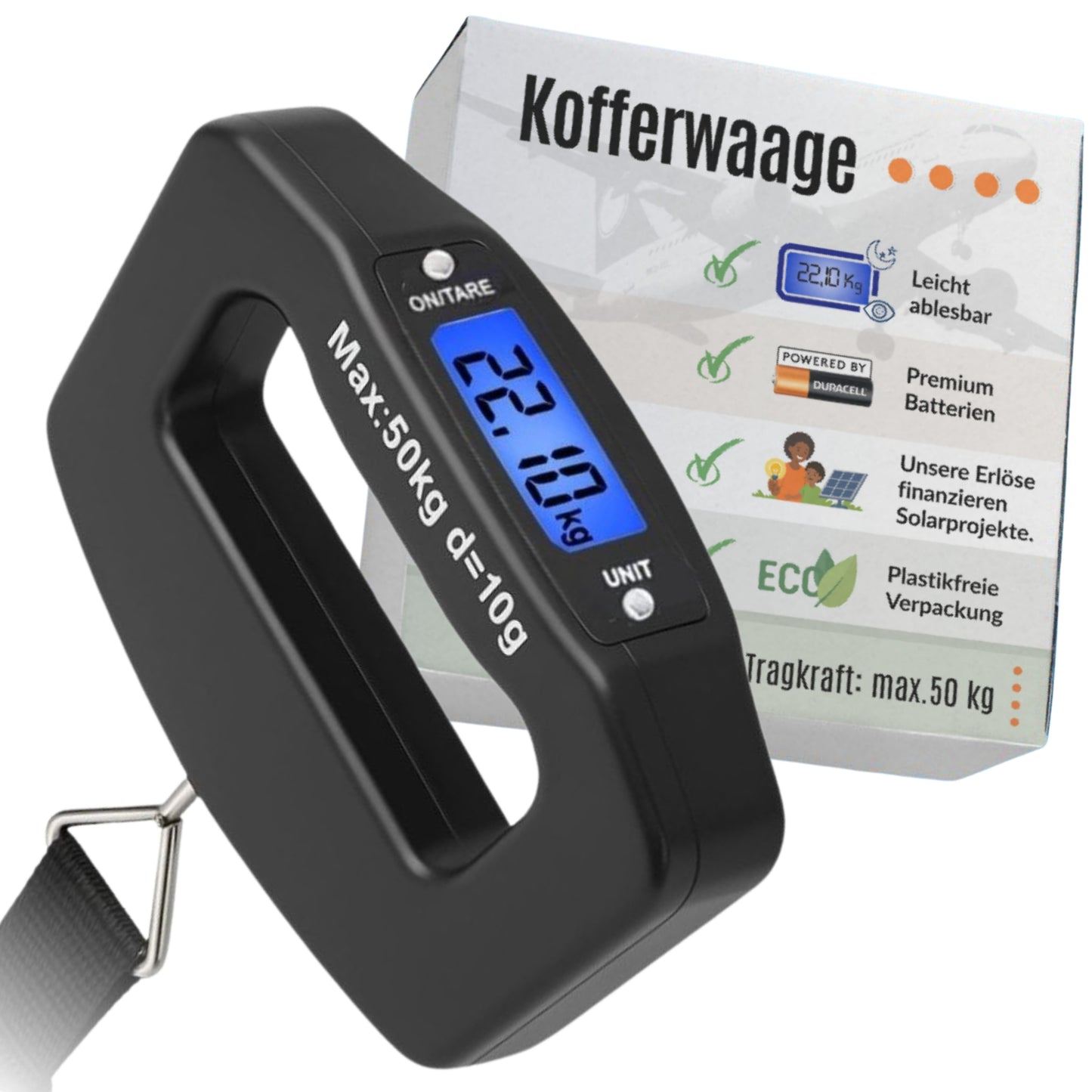 Digitale Kofferwaage mit praktischem Haltegurt – bis 50 kg mit großem Display & Tara-Funktion, 2 × AAA-Markenbatterien für lange Laufzeit – Unterstützt Solarprojekte in Afrika
