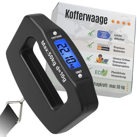 Digitale Kofferwaage mit praktischem Haltegurt – bis 50 kg mit großem Display & Tara-Funktion, 2 × AAA-Markenbatterien für lange Laufzeit – Unterstützt Solarprojekte in Afrika
