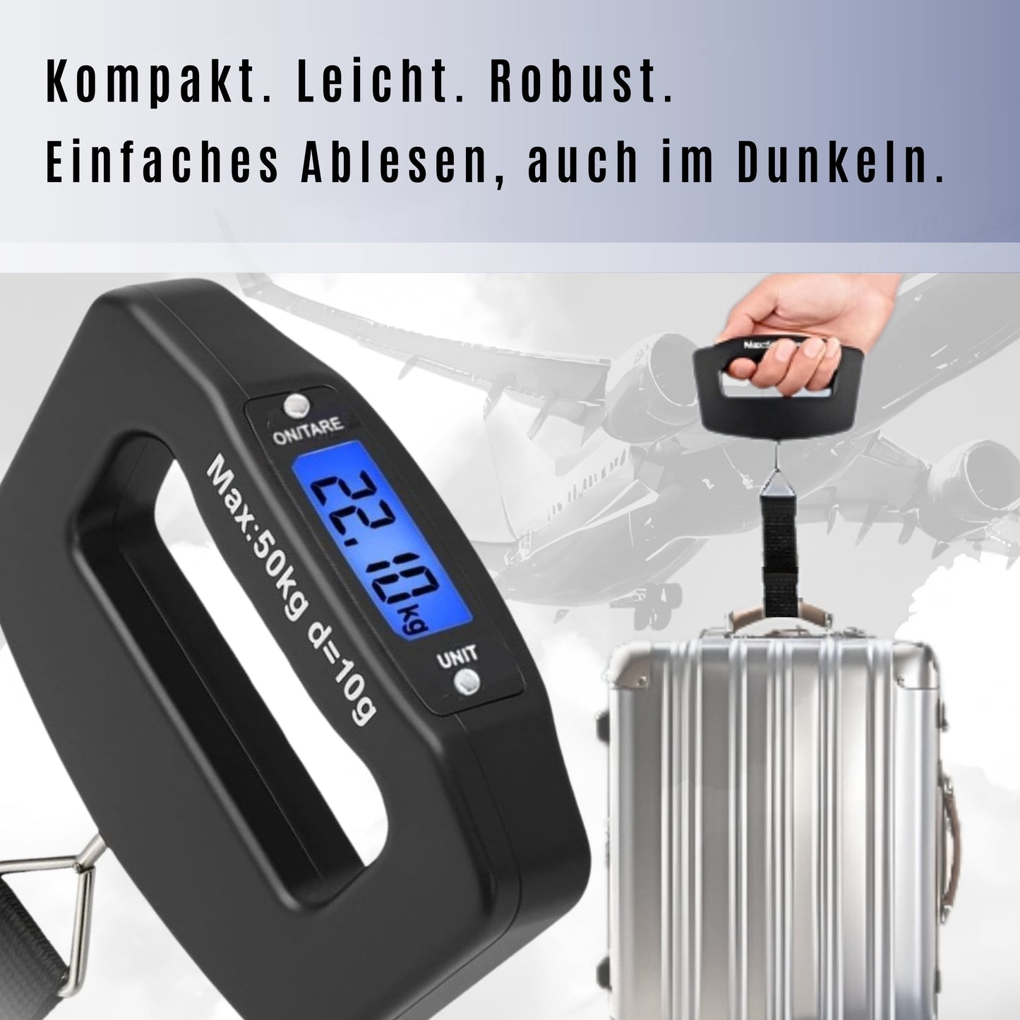 Digitale Kofferwaage mit praktischem Haltegurt – bis 50 kg mit großem Display & Tara-Funktion, 2 × AAA-Markenbatterien für lange Laufzeit – Unterstützt Solarprojekte in Afrika