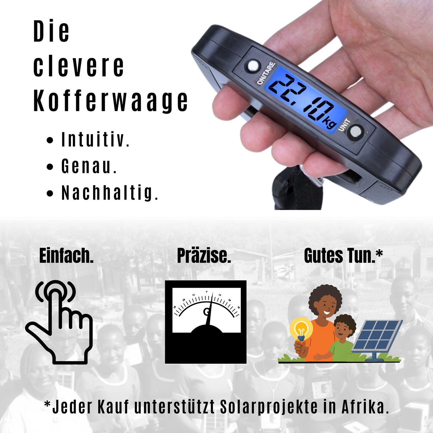 Digitale Kofferwaage mit praktischem Haltegurt – bis 50 kg mit großem Display & Tara-Funktion, 2 × AAA-Markenbatterien für lange Laufzeit – Unterstützt Solarprojekte in Afrika