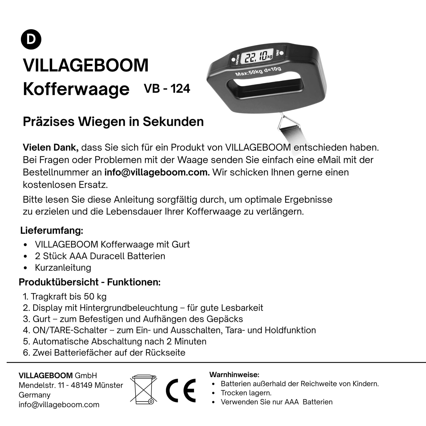 Digitale Kofferwaage mit praktischem Haltegurt – bis 50 kg mit großem Display & Tara-Funktion, 2 × AAA-Markenbatterien für lange Laufzeit – Unterstützt Solarprojekte in Afrika