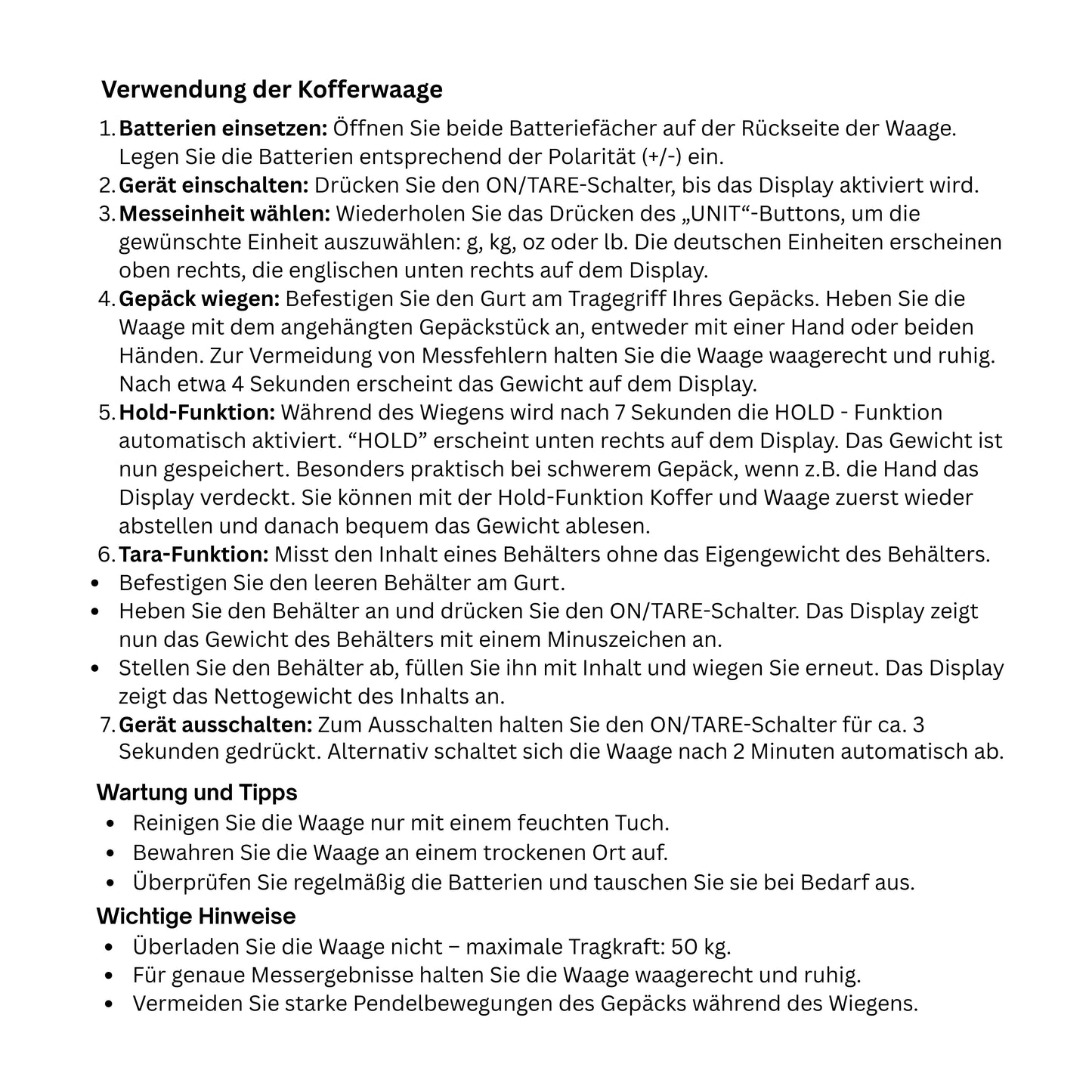 Digitale Kofferwaage mit praktischem Haltegurt – bis 50 kg mit großem Display & Tara-Funktion, 2 × AAA-Markenbatterien für lange Laufzeit – Unterstützt Solarprojekte in Afrika